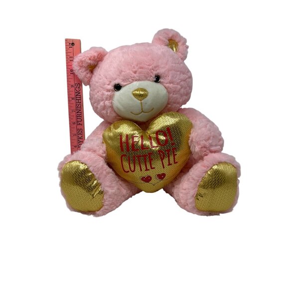 Plush Pink Teddy Bear Golden Heart Feet Hello Cutie Pie Stuffed Animal Valentine - Picture 5 of 9